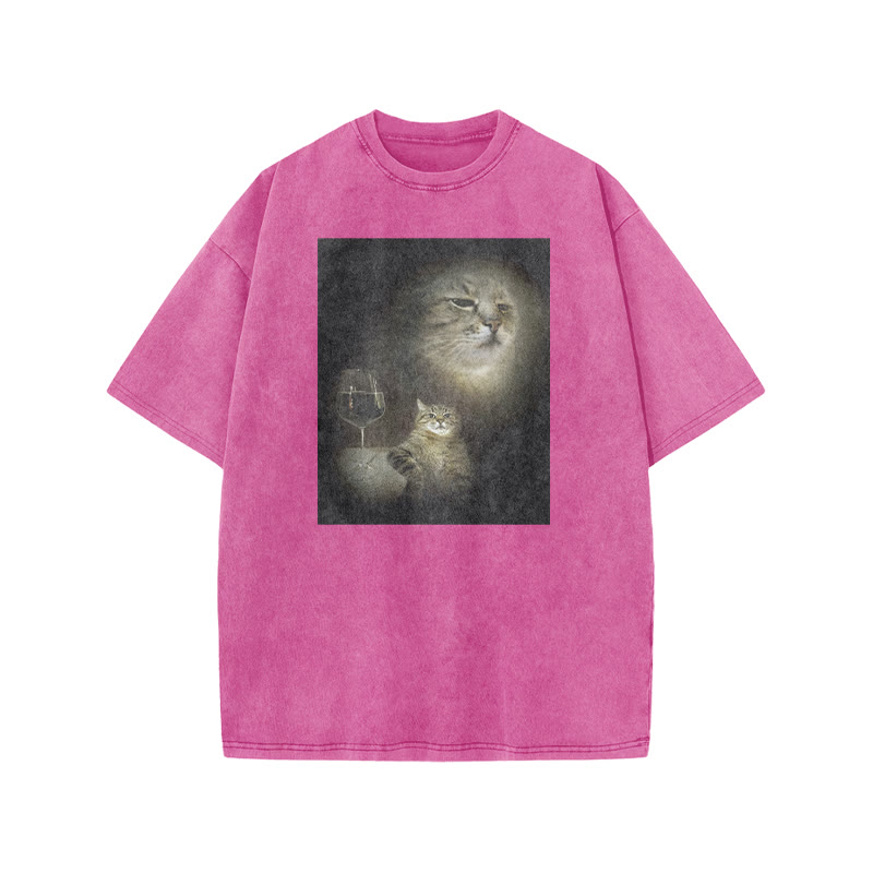 Unisex 100% Cotton Cat And Wine Print Acid Washed T-shirt - Pink - US20-22(3XL) - image 8