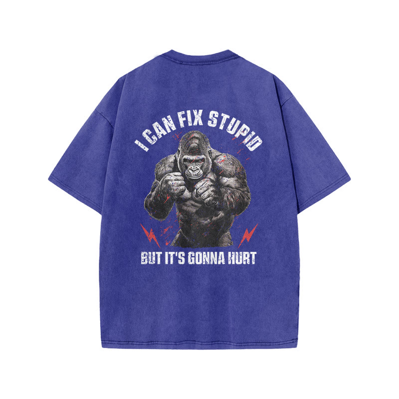 100% Cotton I Can Fix Stupid Gym Print Acid Washed T-shirt - Blue - US20-22(3XL) - image 6