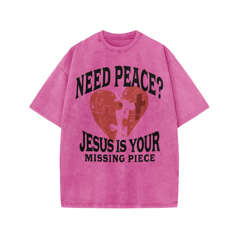 Unisex Cute Need Peace? Jesus Is Your Missing Piece Print Acid Washed T-shirt - Pink - US20-22(3XL) - image 7