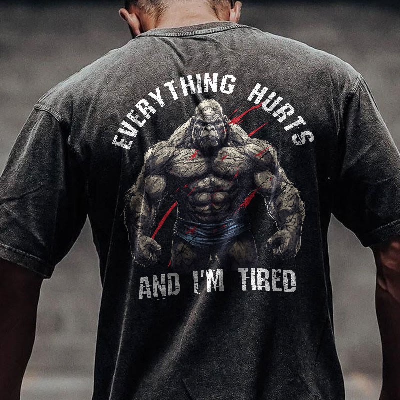 100% Cotton Everything Hurts And I'm Tired Gym Print Acid Washed T-shirt - image 3