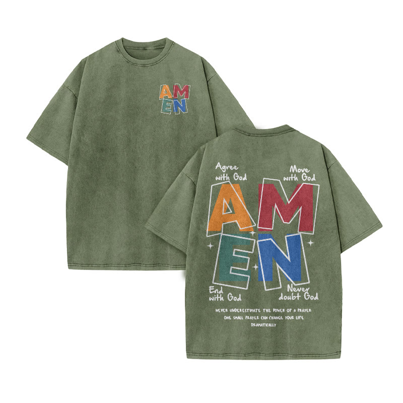 Amen Devotionally Print Acid Washed T-shirt - Army Green - US20-22(3XL) - image 6