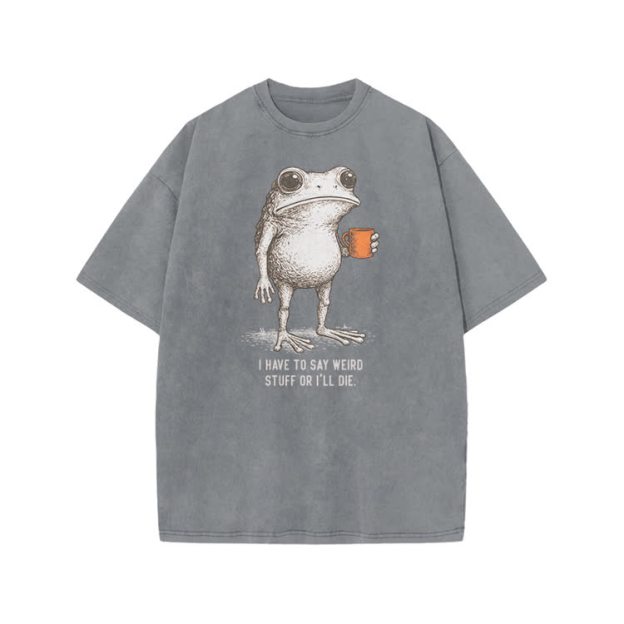 I Have To Say Weird Stuff Or I’ll Die Frog Print Acid Washed T-shirt - Grey - US20-22(3XL) - image 3