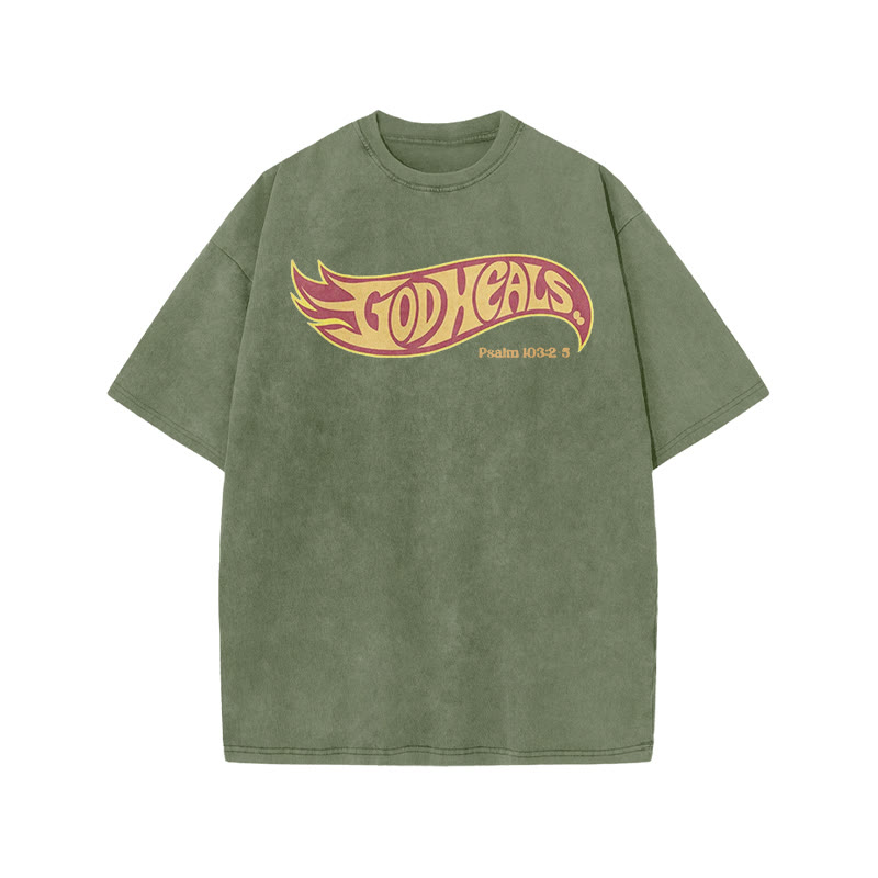 God Heals Psalm 103:2-5 Print Acid Washed T-shirt - Army Green - US20-22(3XL) - image 4