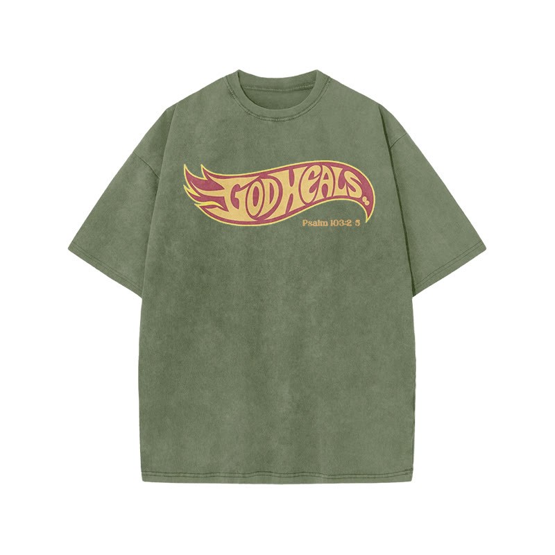 God Heals Psalm 103:2-5 Print Acid Washed T-shirt - Army Green - US20-22(3XL) - image 4