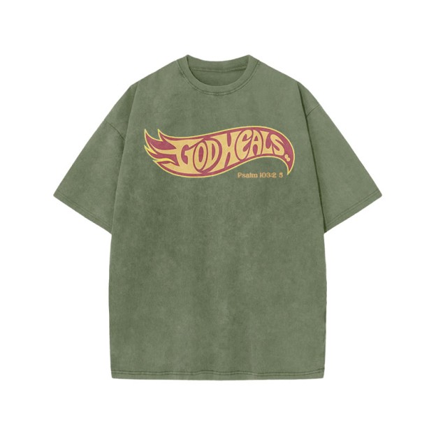 God Heals Psalm 103:2-5 Print Acid Washed T-shirt - Army Green - US20-22(3XL) - image 4