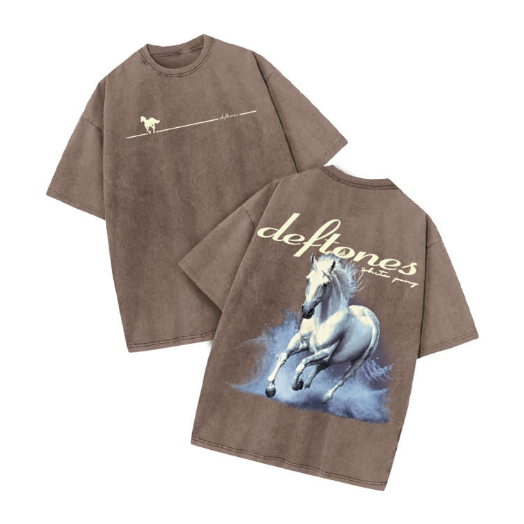 Deftones Running Horse Print Acid Washed T-shirt - Coffee - US20-22(3XL) - image 6