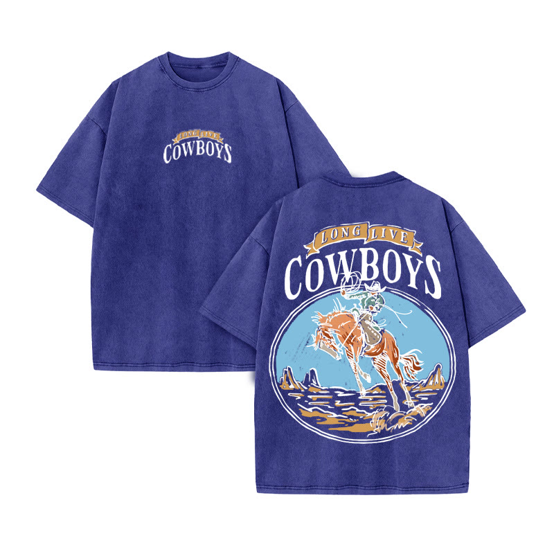 Unisex 100% Cotton COWBOYS Western Style Print Acid Washed T-shirt