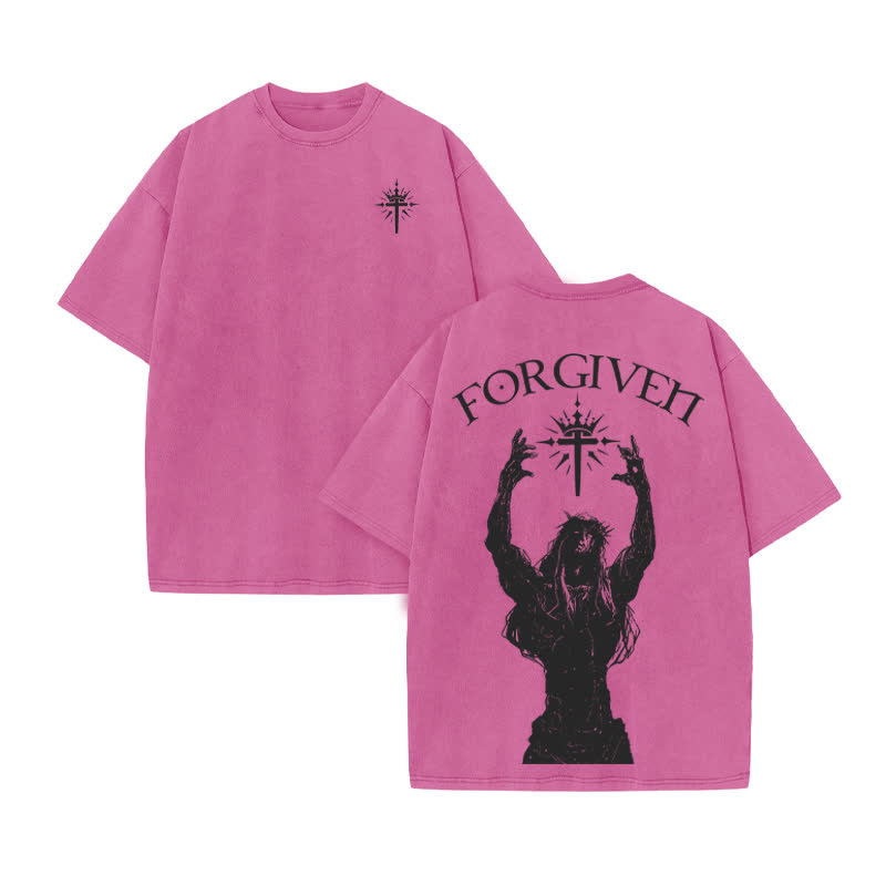 Unisex Forgiven Print Acid Washed T-shirt - Pink - US20-22(3XL) - image 8