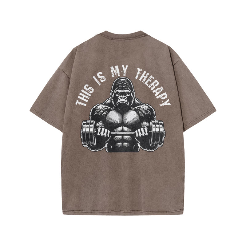 100% Cotton This Is My Therapy Gym Print Acid Washed T-shirt - Coffee - US20-22(3XL) - image 7