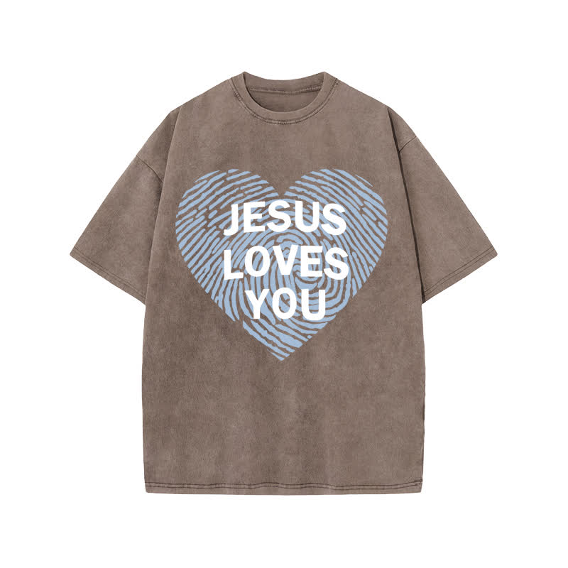 Unisex 100% Cotton JESUS LOVES YOU Print Acid Washed T-shirt - Coffee - US20-22(3XL) - image 3