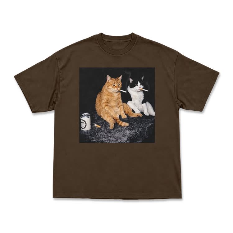 Vintage Smoking Cats Graphic T-Shirt - Coffee - US16-18(2XL) - image 3