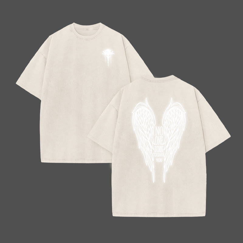 No One Is Coming To Save You Reflective Print Acid Washed T-shirt - Beige - US20-22(3XL) - image 3