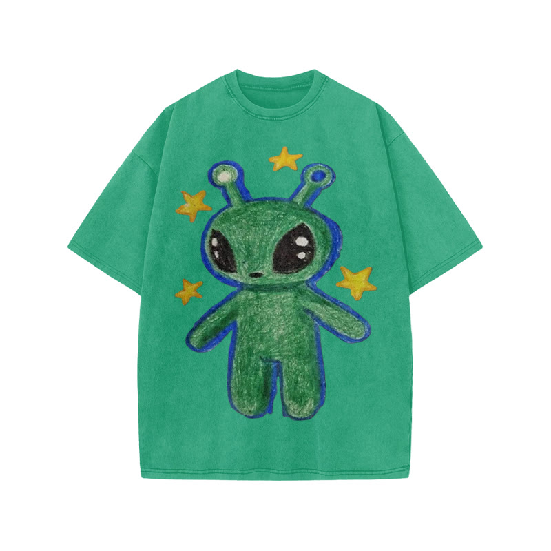 Cute Alien Print Acid Washed T-shirt - Green - US20-22(3XL) - image 9
