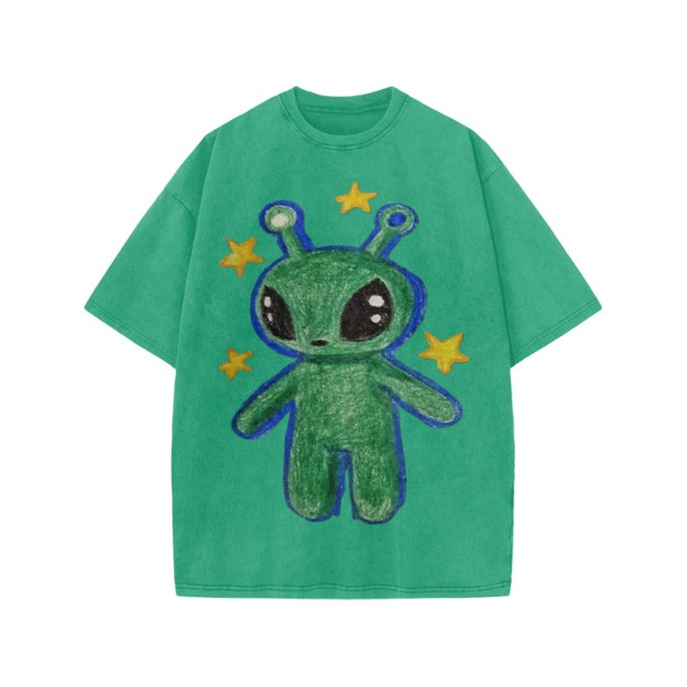 Cute Alien Print Acid Washed T-shirt - Green - US20-22(3XL) - image 9