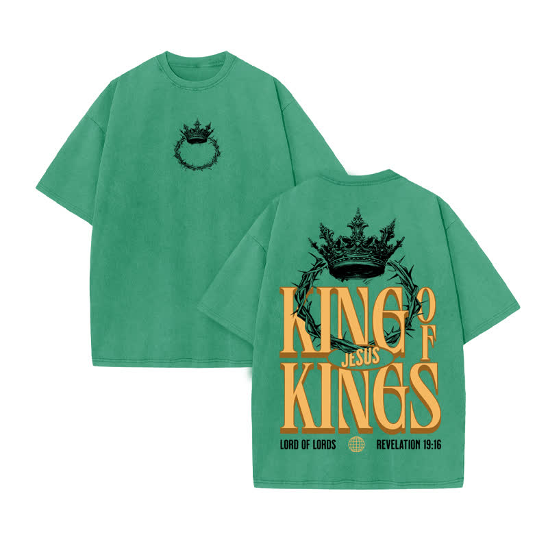 Unisex 100% Cotton JESUS IS KING OF KINGS Print Acid Washed T-shirt - Green - US20-22(3XL) - image 7