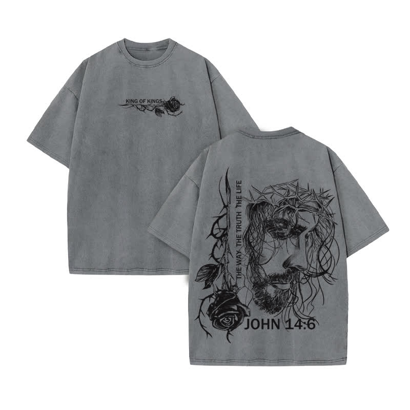 Unisex 100% Cotton Jesus Is King The Way The Truth The Life Print Acid Washed T-shirt - Grey - US20-22(3XL) - image 5