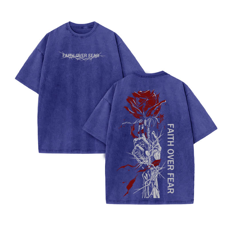Unisex 100% Cotton Faith Over Fear Print Acid Washed T-shirt - Blue - US20-22(3XL) - image 10