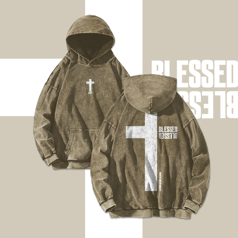 Reflective Blessed Cross Printed Washed Hoodie 