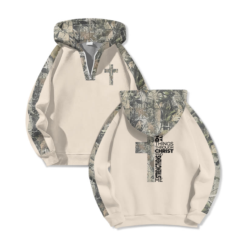 I Can Do All Things Through Christ Who Strengthens Me Dead Leaves Camouflage Print Half Zip Hoodie - Apricot - US32-34(5XL) - image 4