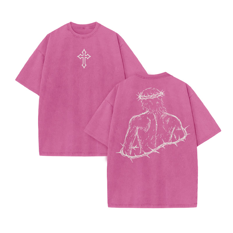 Unisex Not Forsaken Cross Print Acid Washed T-shirt - Pink - US20-22(3XL) - image 9