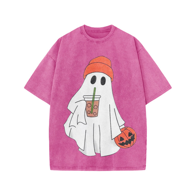 Unisex Halloween Ghost Drinking Coffee Print Acid Washed T-shirt - Pink - US20-22(3XL) - image 5