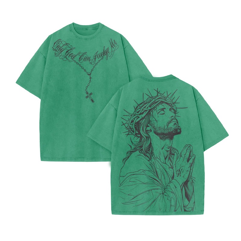 Unisex 100% Cotton Only God Can Judge Me Print Acid Washed T-shirt - Green - US20-22(3XL) - image 7