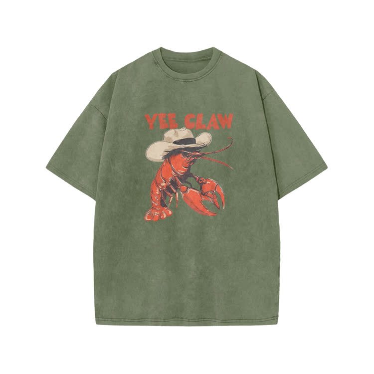 Vintage Yee Claw Lobster Print Acid Washed T-shirt - Army Green - US20-22(3XL) - image 3