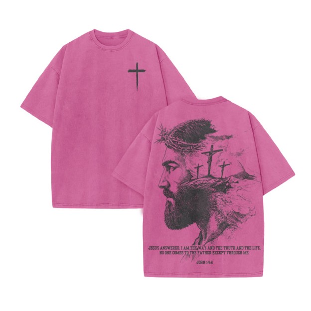 Jesus Answered, I Am The Way And The Truth And The Life Print Acid Washed T-shirt - Pink - US20-22(3XL) - image 4