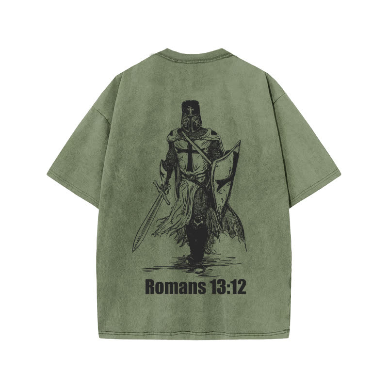 Unisex Romans 13:12 Bring The Weapons Of Light Print Acid Washed T-shirt - Army Green - US20-22(3XL) - image 5