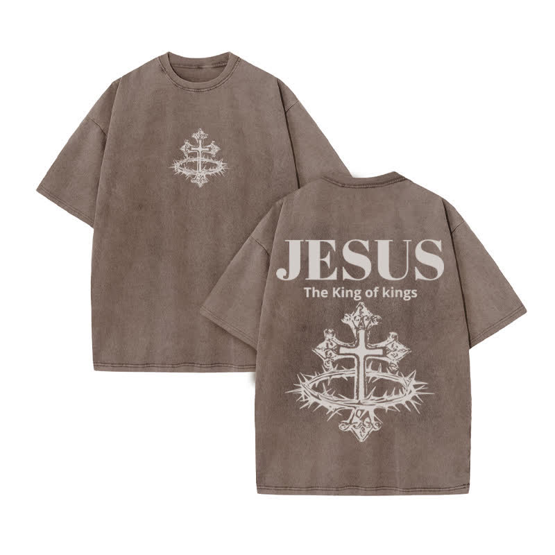 Unisex 100% Cotton JESUS IS KING Crown Of Thorns Cross Print Acid Washed T-shirt - Coffee - US20-22(3XL) - image 4