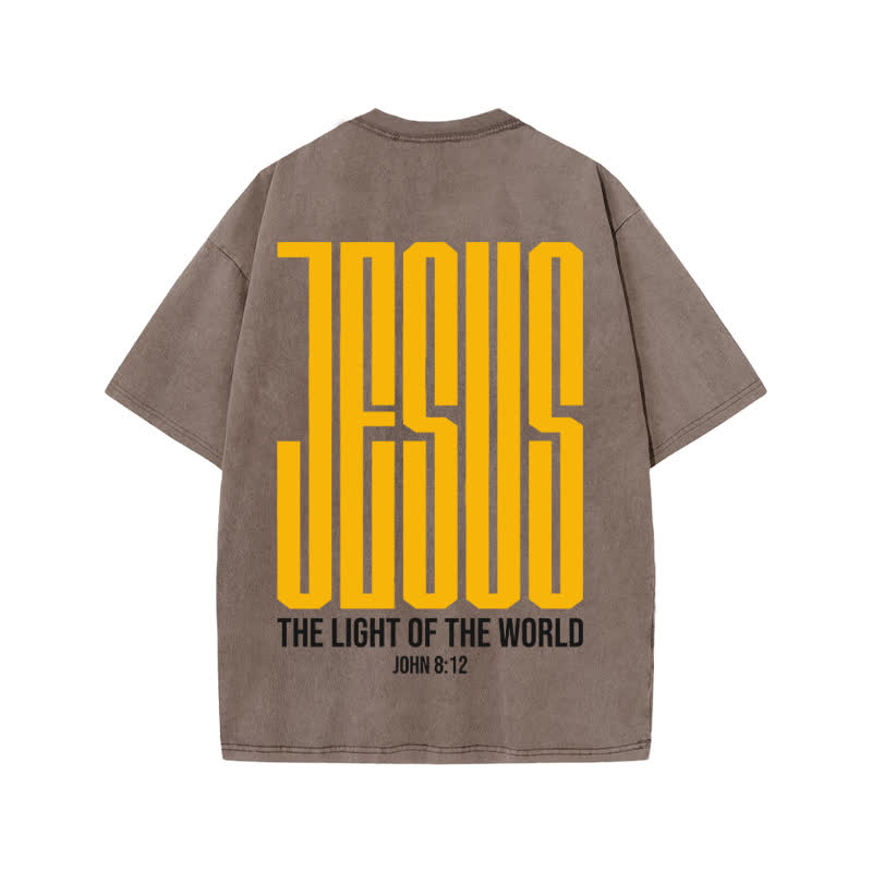 Unisex Jesus The Light Of The World Print Acid Washed T-shirt - Coffee - US20-22(3XL) - image 3