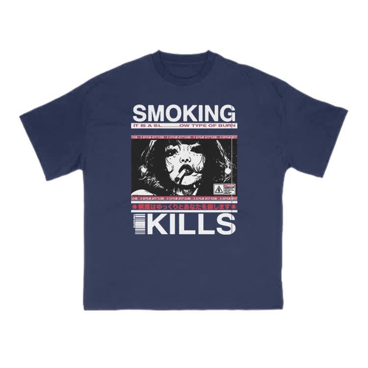 Smoking Kills Retro Manga Style Graphic Print T-Shirt - Navy Blue - US16-18(2XL) - image 7