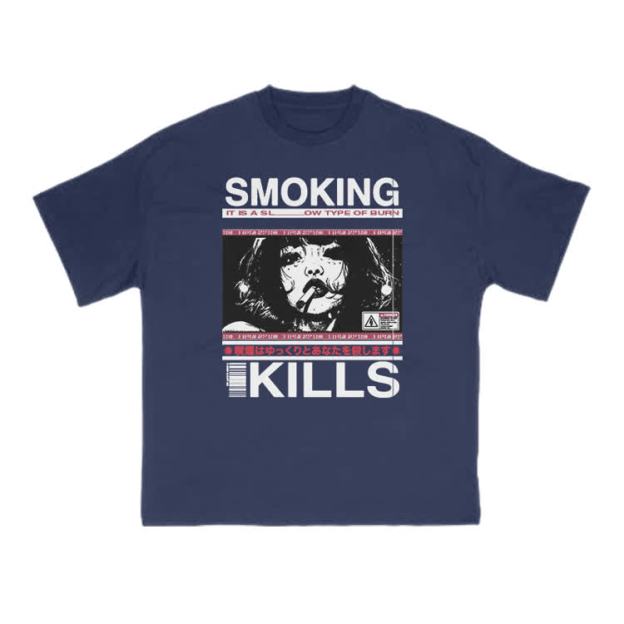 Smoking Kills Retro Manga Style Graphic Print T-Shirt - Navy Blue - US16-18(2XL) - image 7