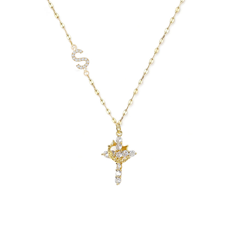 Rhinestone Letter Cross Pendant Necklace - S - one size - image 23