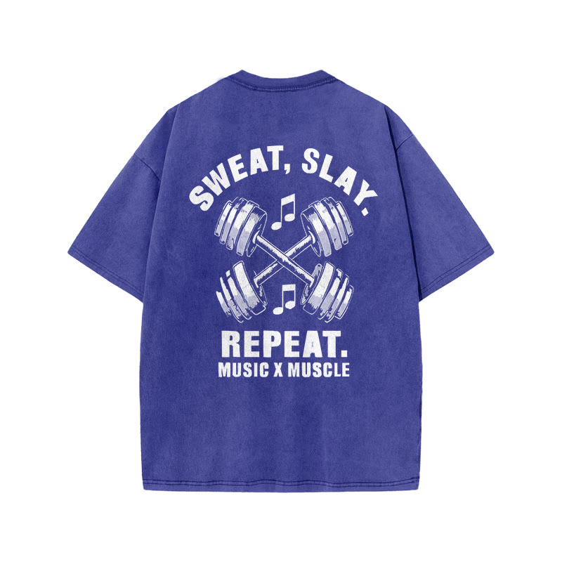 100% Cotton SWEAT SLAY Gym Print Acid Washed T-shirt - Blue - US20-22(3XL) - image 7