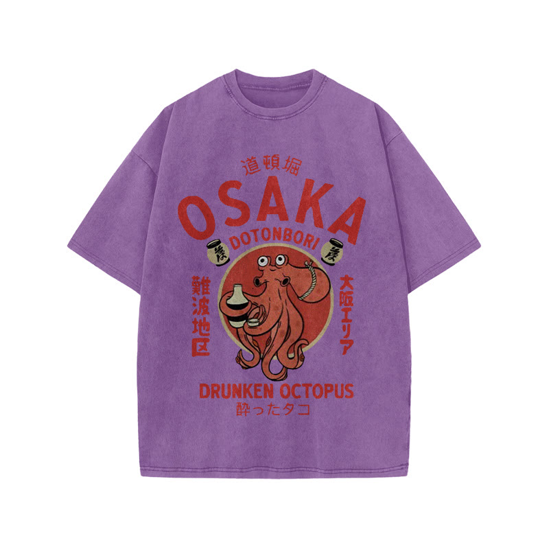 Unisex 100% Cotton OSAKA Dotonbori Octopus Vintage Print Acid Washed T-shirt