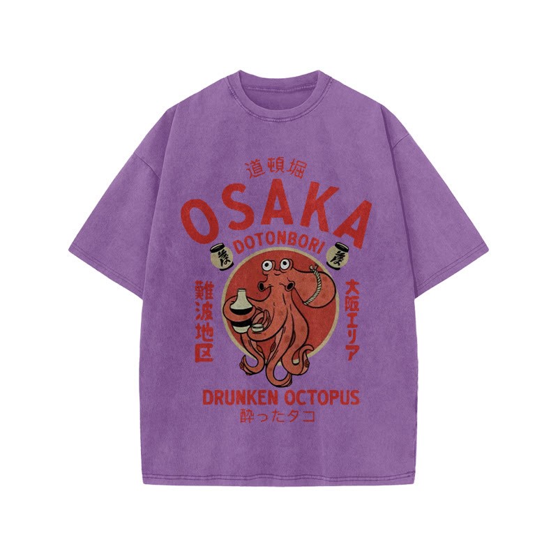 Unisex 100% Cotton OSAKA Dotonbori Octopus Vintage Print Acid Washed T-shirt