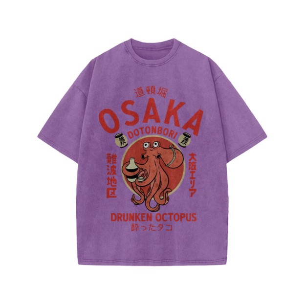 Unisex 100% Cotton OSAKA Dotonbori Octopus Vintage Print Acid Washed T-shirt