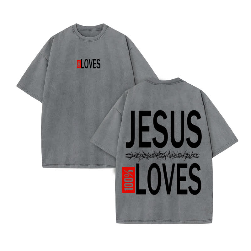 Unisex 100% Cotton Jesus 100% Loves Print Acid Washed T-shirt - Grey - US20-22(3XL) - image 5