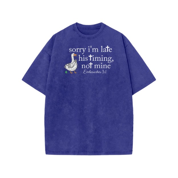 Unisex Sorry I'm Late, His Timing, Not Mine Ecclesiastes 3:1 Print Acid Washed T-shirt - Blue - US20-22(3XL) - image 6