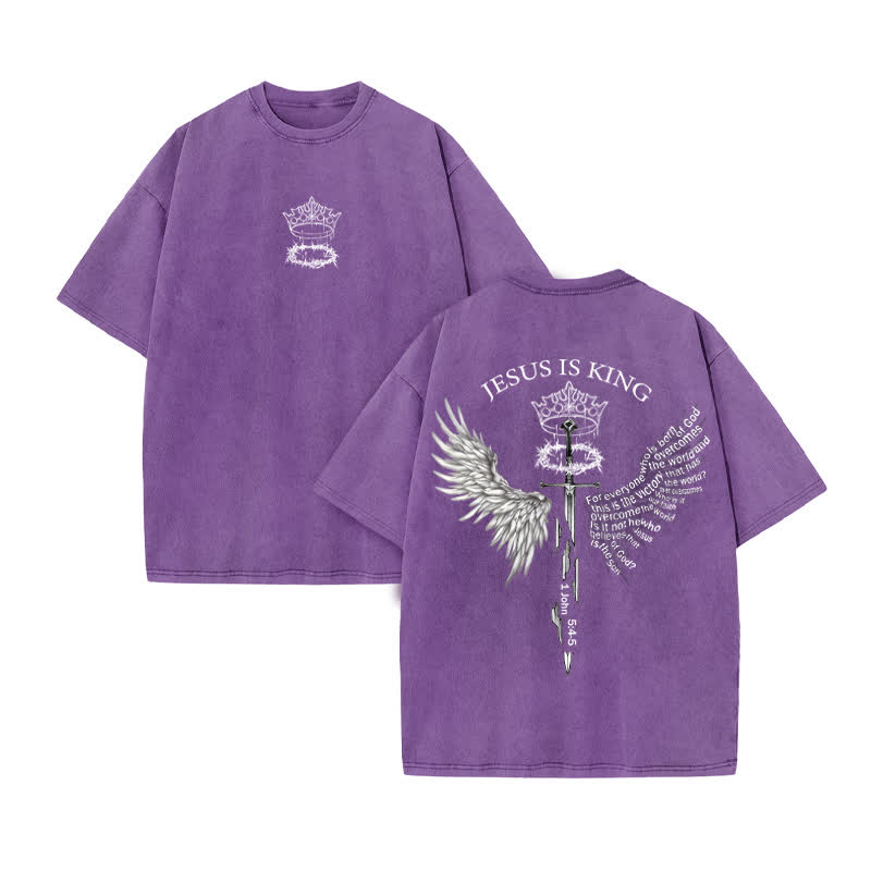 Unisex 100% Cotton Jesus Is King Scripture Wings Print Acid Washed T-shirt - Purple - US20-22(3XL) - image 9