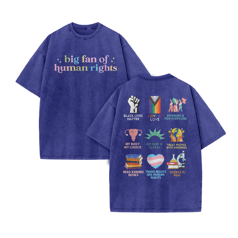 Big Fan Of Human Rights Print Acid Washed T-shirt - Blue - US20-22(3XL) - image 10