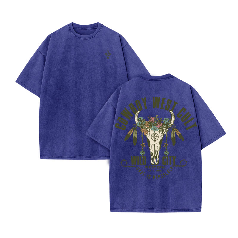 Unisex 100% Cotton COWBOY WEST CULT Western Style Print Acid Washed T-shirt