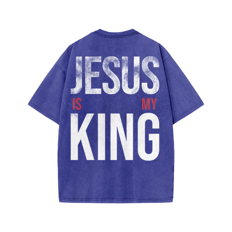 Jesus Is My King Distressed Print Acid Washed T-shirt - Blue - US20-22(3XL) - image 8