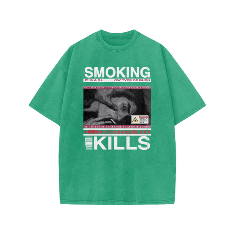 Smoking Kills Retro Manga Style Men Graphic Print Acid Washed T-Shirt - Green - US20-22(3XL) - image 7