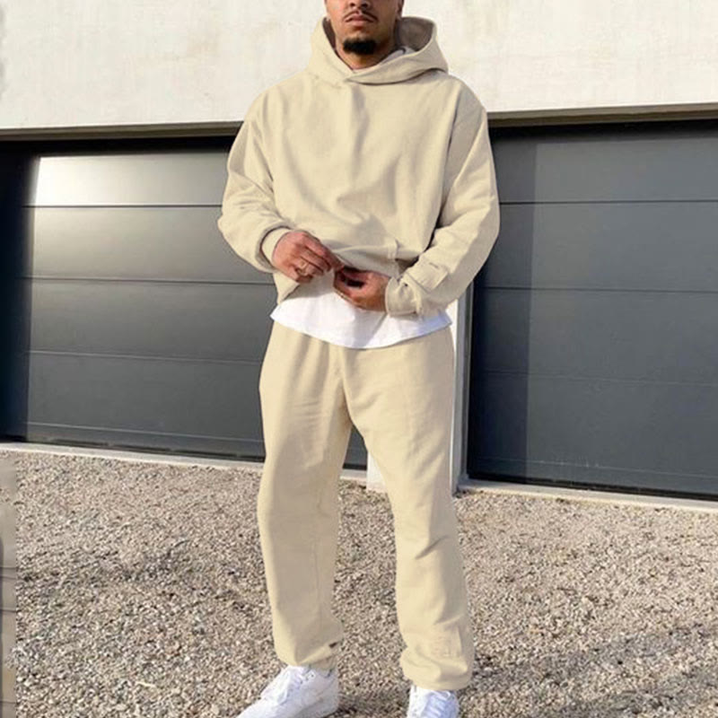 100% Cotton Solid Color Casual Loose Hoodie And Sweatpants Two-piece Set