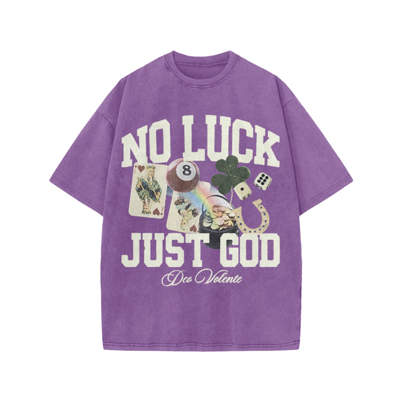No Luck Just God Print Acid Washed T-shirt - Purple - US20-22(3XL) - image 6