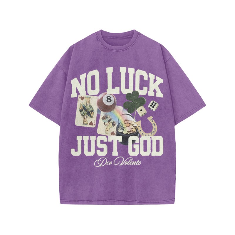 No Luck Just God Print Acid Washed T-shirt - Purple - US20-22(3XL) - image 6