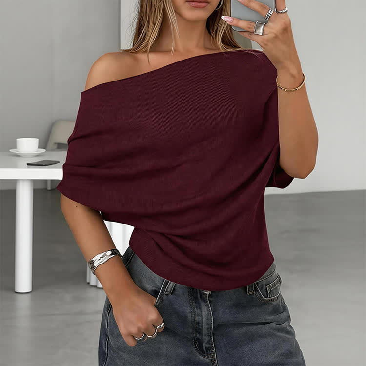 Solid Color Batwing Sleeve Off-the-shoulder T-shirt - Wine - US16-18(2XL) - image 5