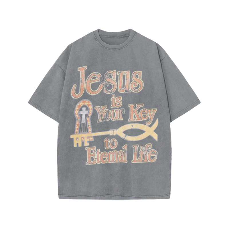 Jesus Is Your Key To Eternal Life Print Acid Washed T-shirt - Grey - US20-22(3XL) - image 4